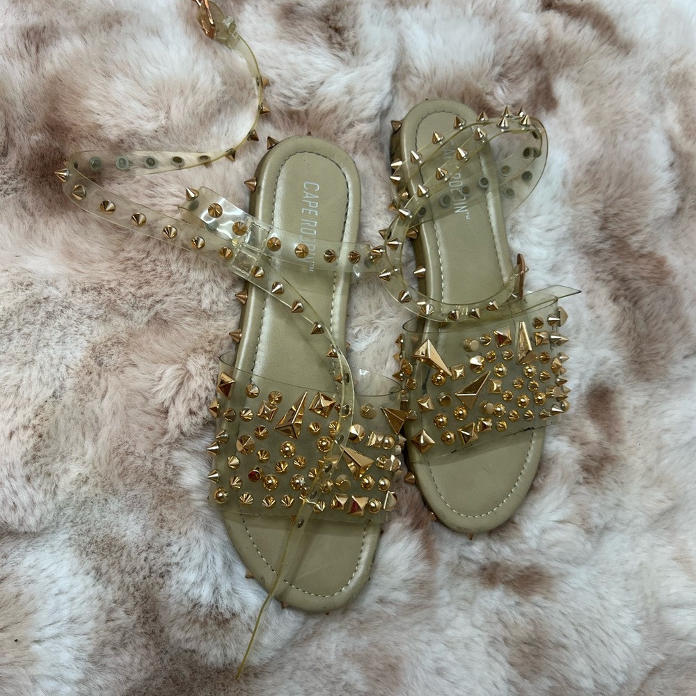 Capelli of New York Gold Sandals with Pearl Embellishments